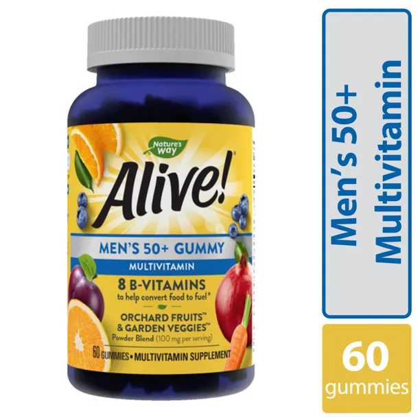 Alive Men’s 50  Daily Gummy Multivitamins, Supports Healthy Brain, Eyes, Heart, 60 Gummies