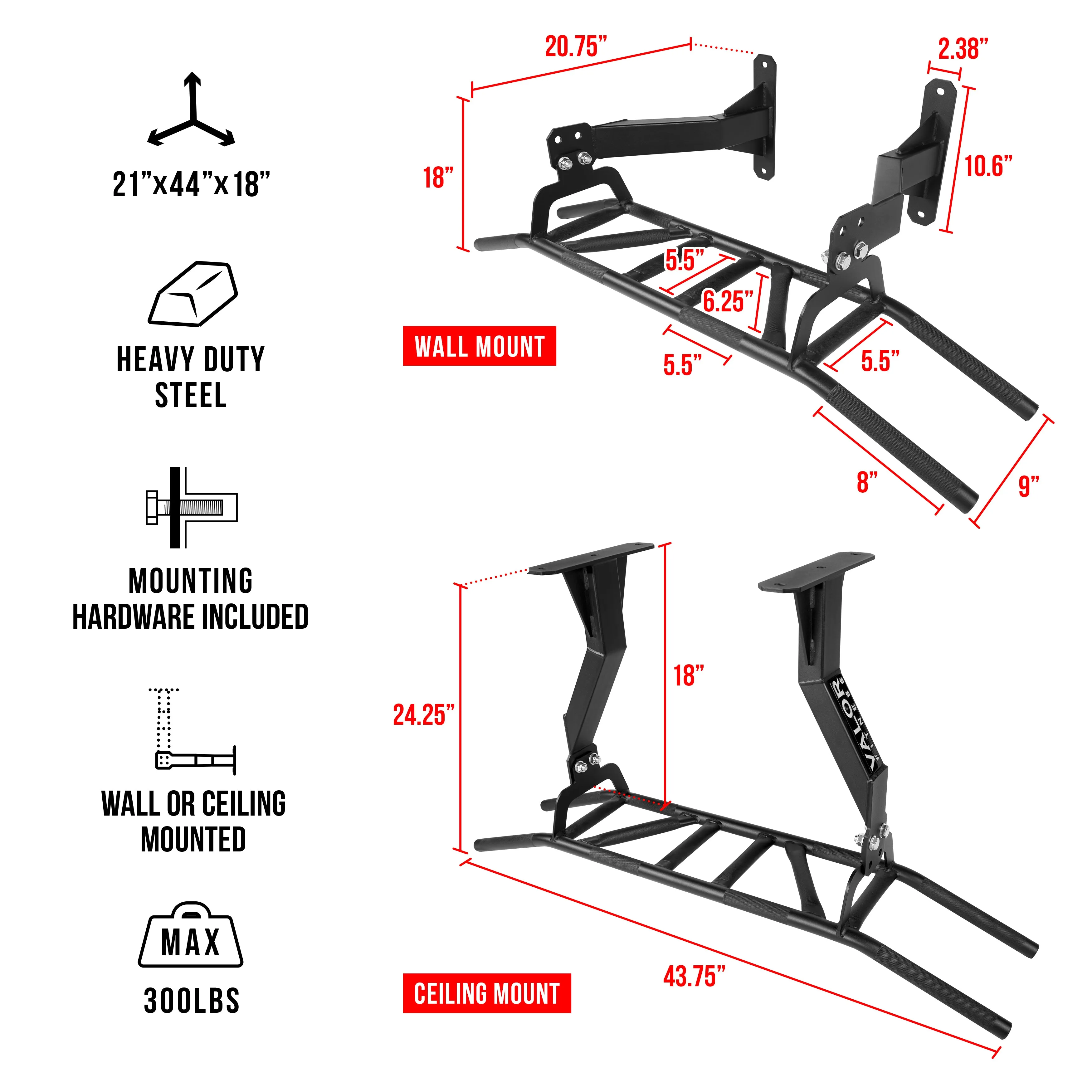 Ceiling - Wall Mounted Multi Grip Pull Up Bar