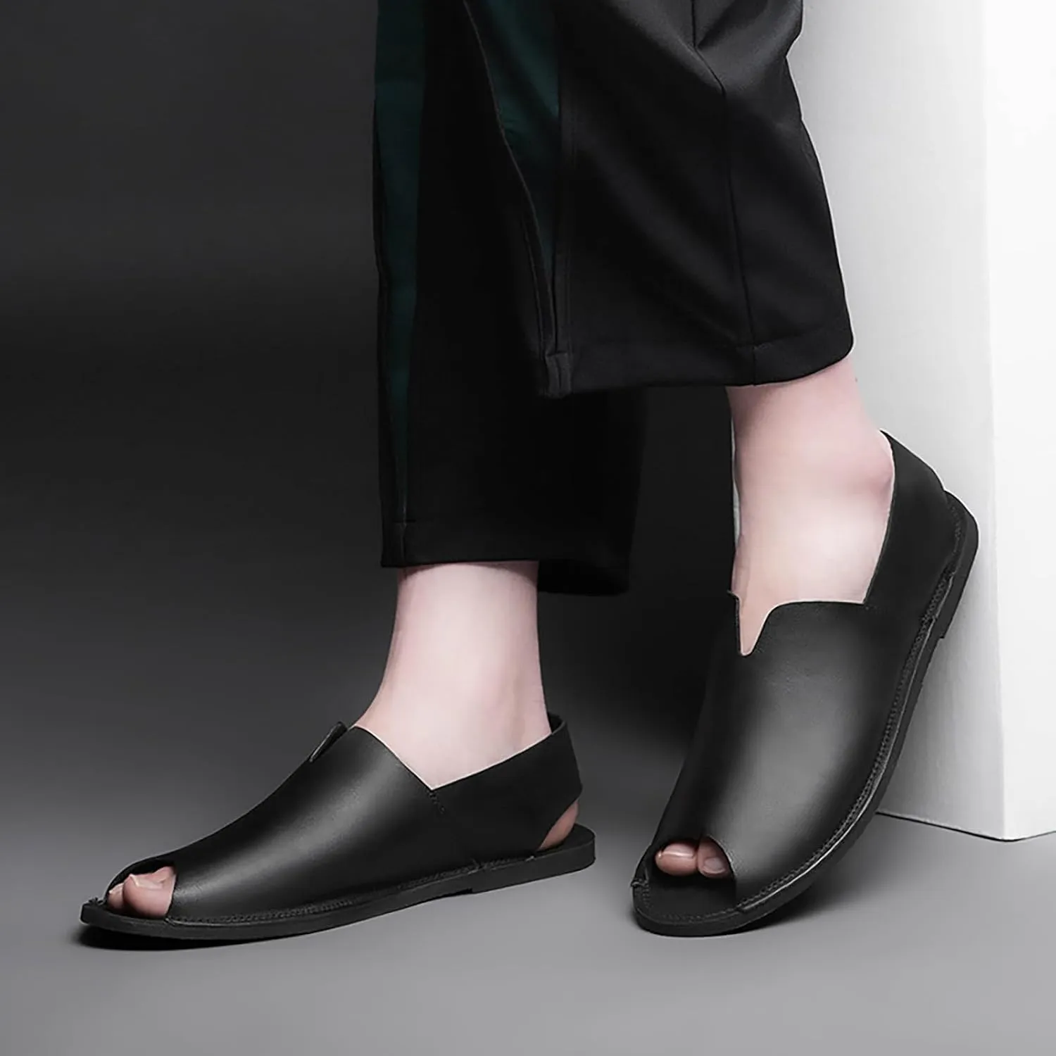 Men's Genuine Leather Fish Mouth Flat Slingback Fisherman Sandals Fashion Casual Slip-On Round Peep Toe Roman Sandals Comfortable Non-Slip Summer Outdoor Beach Walking Sandal Shoes