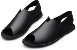 Men's Genuine Leather Fish Mouth Flat Slingback Fisherman Sandals Fashion Casual Slip-On Round Peep Toe Roman Sandals Comfortable Non-Slip Summer Outdoor Beach Walking Sandal Shoes