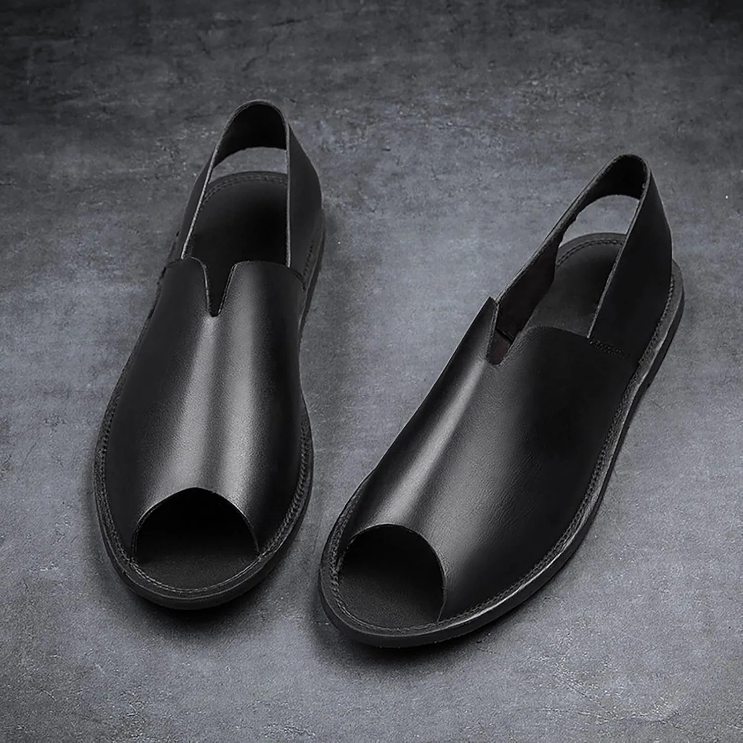 Men's Genuine Leather Fish Mouth Flat Slingback Fisherman Sandals Fashion Casual Slip-On Round Peep Toe Roman Sandals Comfortable Non-Slip Summer Outdoor Beach Walking Sandal Shoes