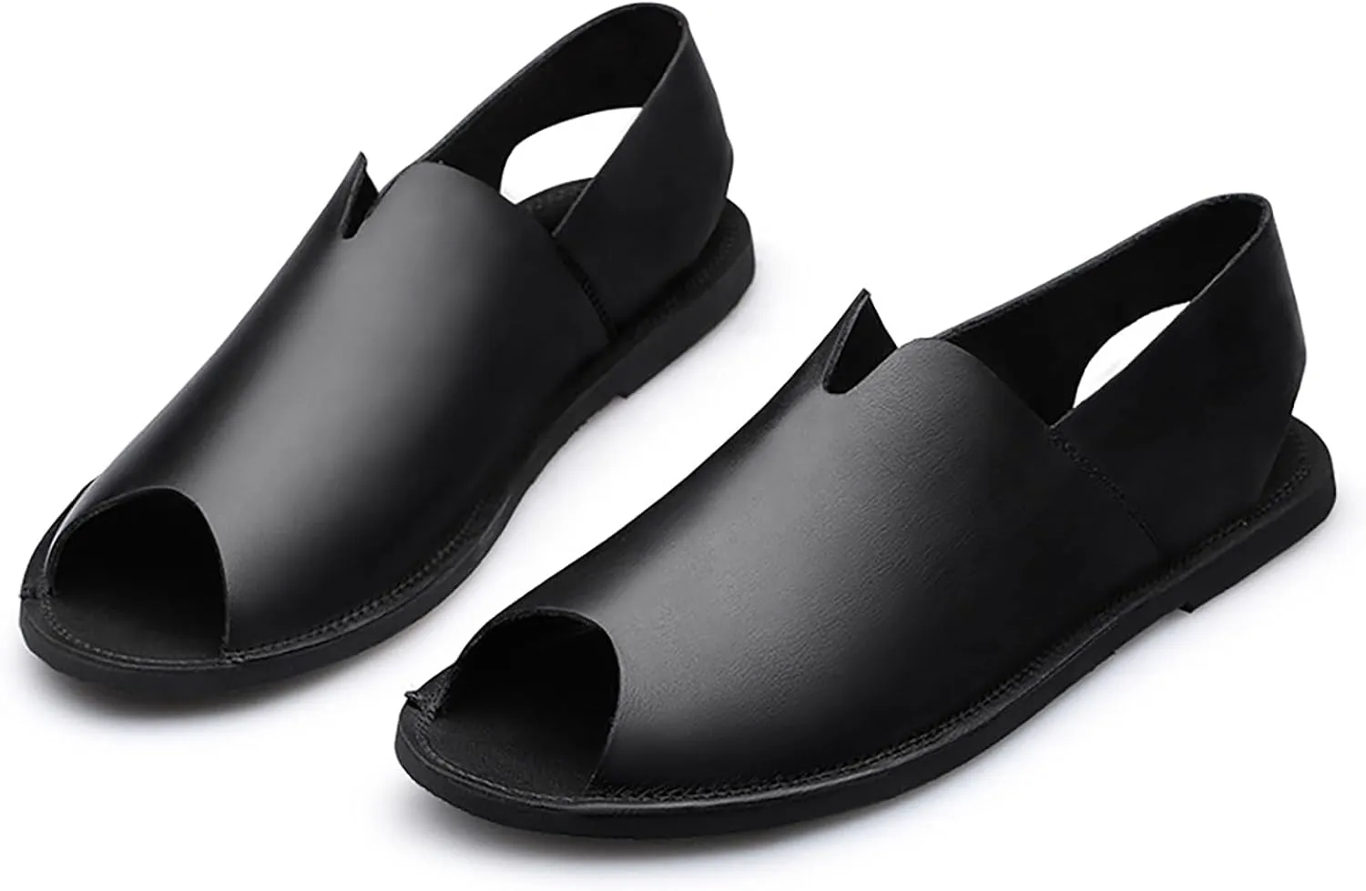 Men's Genuine Leather Fish Mouth Flat Slingback Fisherman Sandals Fashion Casual Slip-On Round Peep Toe Roman Sandals Comfortable Non-Slip Summer Outdoor Beach Walking Sandal Shoes