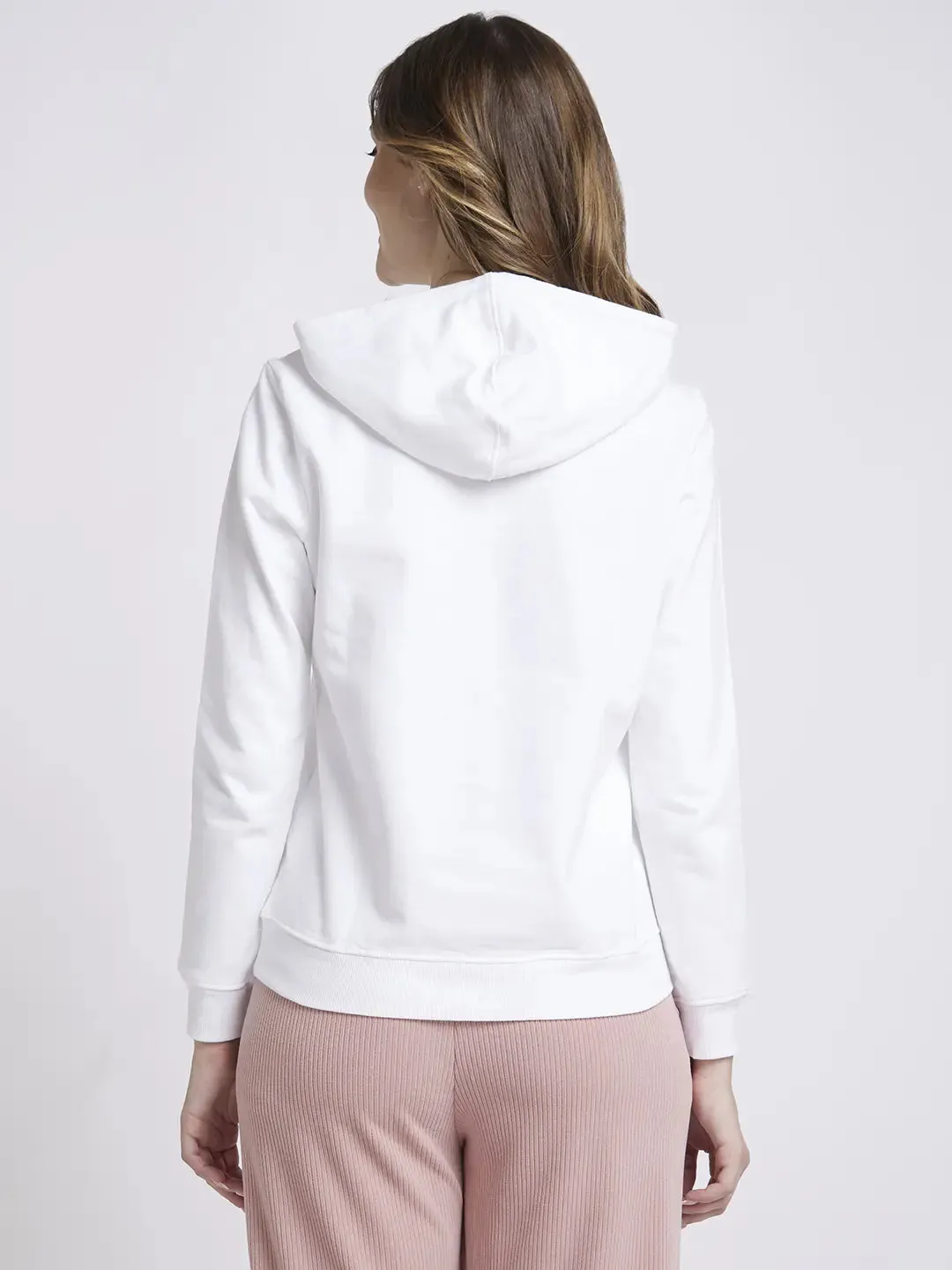 Spykar Women White Blended Regular Fit Hooded Plain Sweatshirt